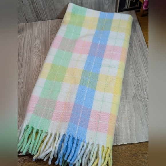 Vtg Tennessee Woolen Mills Baby Blanket Plaid Pastels Pink Yellow Green Blue